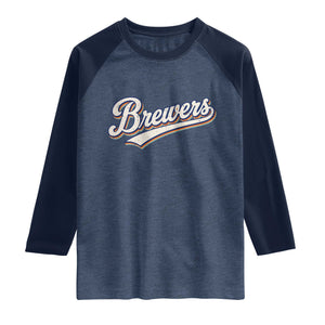 Vintage 70s Brewers Name Script Style Raglan Shirt Retro Distressed Tailgate Spirit Sports Fan TS02 Heather Denim Navy Print Your Wear