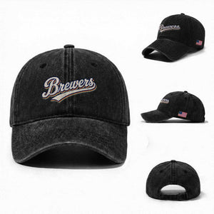 Vintage 70s Brewers Name Script Style Washed Cotton Baseball Cap Retro Distressed Tailgate Spirit Sports Fan TS02 Washed Cap Universal Fit Black Print Your Wear
