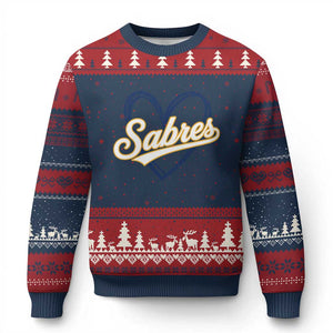 Vintage 70s Sabres Name Heart Script Style Ugly Christmas Sweater Retro Distressed Tailgate Spirit Sports Fan TS02 Navy Red Print Your Wear