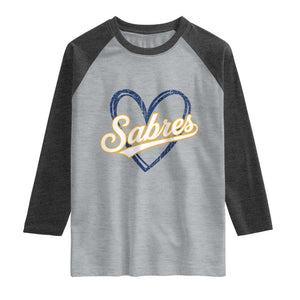 Vintage 70s Sabres Name Heart Script Style Raglan Shirt Retro Distressed Tailgate Spirit Sports Fan TS02 Heather Gray Heather Charcoal Print Your Wear