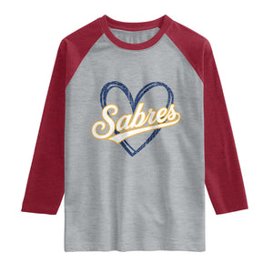 Vintage 70s Sabres Name Heart Script Style Raglan Shirt Retro Distressed Tailgate Spirit Sports Fan TS02 Heather Gray Heather Red Print Your Wear