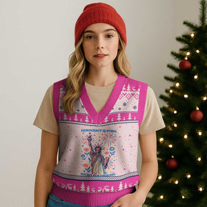 Funny Democracy Is Dying But Hey Nice Fireworks V-Neck Knit Sweater Vest Statue of Liberty Red and White Patriotic 4th of July TS02 Hot Pink Print Your Wear
