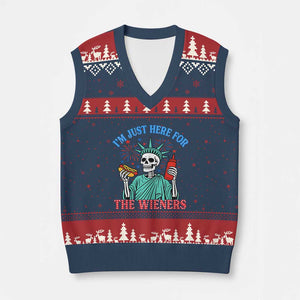 Funny Skeleton Lady Liberty V-Neck Knit Sweater Vest I'm Just Here For The Wieners 4th Of July Hot Dog TS02 Navy Red Print Your Wear