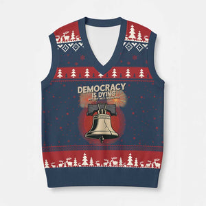 Retro 4th of July Liberty Bell V-Neck Knit Sweater Vest Democracy Is Dying But Hey Nice Fireworks Political Satire TS02 Navy Red Print Your Wear