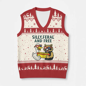 Silly Feral and Free V-Neck Knit Sweater Vest Funny Goose and Raccoon 4th of July Patriotic TS02 Beige Red Print Your Wear
