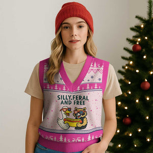 Silly Feral and Free V-Neck Knit Sweater Vest Funny Goose and Raccoon 4th of July Patriotic TS02 Hot Pink Print Your Wear
