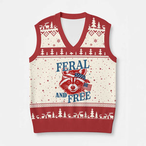 Funny Feral and Free Raccoon V-Neck Knit Sweater Vest Patriotic Bandana Animal 4th of July US Flag TS02 Beige Red Print Your Wear