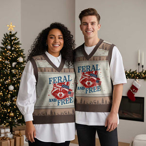Funny Feral and Free Raccoon V-Neck Knit Sweater Vest Patriotic Bandana Animal 4th of July US Flag TS02 Mocha Mousse Print Your Wear