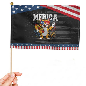 Merica Cat Patriotic Handheld Flag Funny 4th of July Hot Dog and Fireworks Patriotic USA Flag TS02 Distressed 8.2" × 5.5" Black Blue Print Your Wear