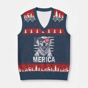 Merica Golden Retriever V-Neck Knit Sweater Vest Patriotic Dog US Flag 4th Of July TS02 Navy Red Print Your Wear