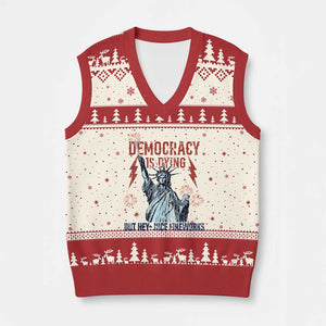 Democracy Is Dying But Hey Nice Fireworks Statue of Liberty V-Neck Knit Sweater Vest Funny 4th Of July Retro TS02 Beige Red Print Your Wear