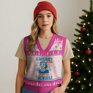 Democracy Is Dying But Hey Nice Fireworks V-Neck Knit Sweater Vest Funny Retro 4th of July Political Humor TS02 Hot Pink Print Your Wear