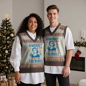 Democracy Is Dying But Hey Nice Fireworks V-Neck Knit Sweater Vest Funny Retro 4th of July Political Humor TS02 Mocha Mousse Print Your Wear