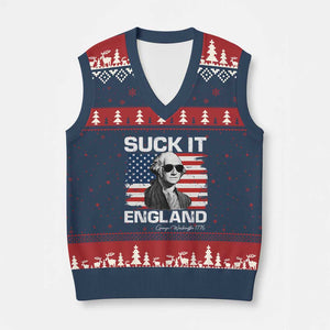Funny George Washington V-Neck Knit Sweater Vest Suck It England Bold Patriotic 4th of July 1776 TS02 Navy Red Print Your Wear