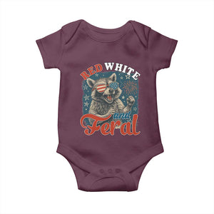 Red White and Feral Raccoon Baby Onesie Funny Patriotic Fireworks Wild 4th of July Vibes TS02 Maroon Print Your Wear