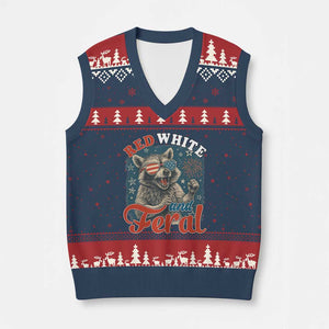 Red White and Feral Raccoon V-Neck Knit Sweater Vest Funny Patriotic Fireworks Wild 4th of July Vibes TS02 Navy Red Print Your Wear