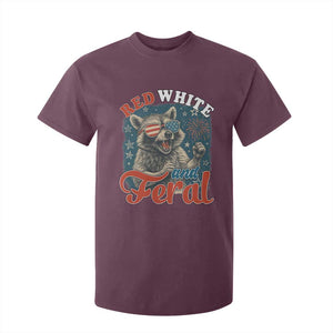 Red White and Feral Raccoon T Shirt For Kid Funny Patriotic Fireworks Wild 4th of July Vibes TS02 Maroon Print Your Wear