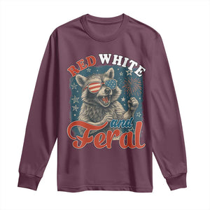 Red White and Feral Raccoon Long Sleeve Shirt Funny Patriotic Fireworks Wild 4th of July Vibes TS02 Maroon Print Your Wear