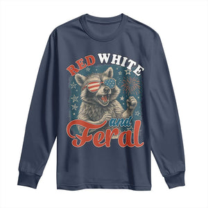 Red White and Feral Raccoon Long Sleeve Shirt Funny Patriotic Fireworks Wild 4th of July Vibes TS02 Navy Print Your Wear