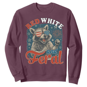 Red White and Feral Raccoon Sweatshirt Funny Patriotic Fireworks Wild 4th of July Vibes TS02 Maroon Print Your Wear