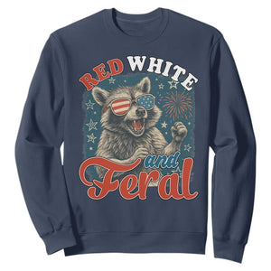 Red White and Feral Raccoon Sweatshirt Funny Patriotic Fireworks Wild 4th of July Vibes TS02 Navy Print Your Wear