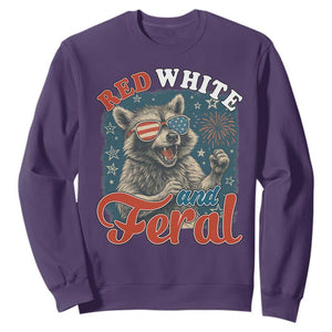 Red White and Feral Raccoon Sweatshirt Funny Patriotic Fireworks Wild 4th of July Vibes TS02 Purple Print Your Wear
