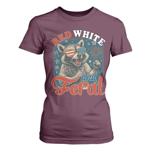 Red White and Feral Raccoon T Shirt For Women Funny Patriotic Fireworks Wild 4th of July Vibes TS02 Maroon Print Your Wear