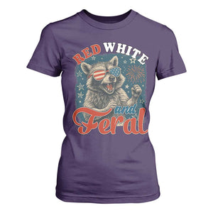 Red White and Feral Raccoon T Shirt For Women Funny Patriotic Fireworks Wild 4th of July Vibes TS02 Purple Print Your Wear