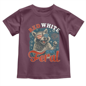 Red White and Feral Raccoon Toddler T Shirt Funny Patriotic Fireworks Wild 4th of July Vibes TS02 Maroon Print Your Wear