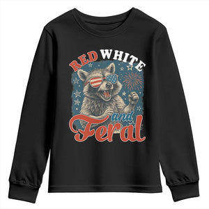 Red White and Feral Raccoon Youth Sweatshirt Funny Patriotic Fireworks Wild 4th of July Vibes TS02 Black Print Your Wear