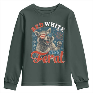 Red White and Feral Raccoon Youth Sweatshirt Funny Patriotic Fireworks Wild 4th of July Vibes TS02 Dark Forest Green Print Your Wear