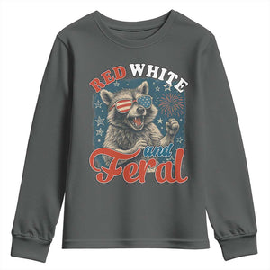Red White and Feral Raccoon Youth Sweatshirt Funny Patriotic Fireworks Wild 4th of July Vibes TS02 Dark Heather Print Your Wear