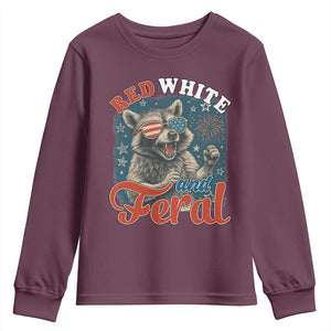 Red White and Feral Raccoon Youth Sweatshirt Funny Patriotic Fireworks Wild 4th of July Vibes TS02 Maroon Print Your Wear