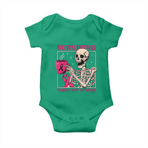 Funny Breast Cancer Skeleton Drinking Coffee Baby Onesie Surviving Purely Out Of Spite Pink Ribbon Warrior