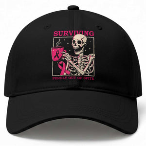 Funny Breast Cancer Skeleton Drinking Coffee Baseball Cap Surviving Purely Out Of Spite Pink Ribbon Warrior