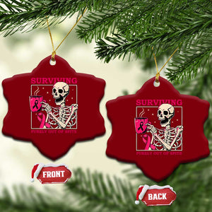 Funny Breast Cancer Skeleton Drinking Coffee Ceramic Ornament Surviving Purely Out Of Spite Pink Ribbon Warrior