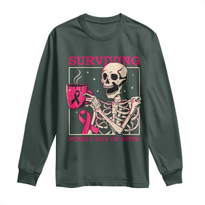 Funny Breast Cancer Skeleton Drinking Coffee Long Sleeve Shirt Surviving Purely Out Of Spite Pink Ribbon Warrior