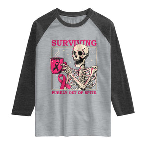 Funny Breast Cancer Skeleton Drinking Coffee Raglan Shirt Surviving Purely Out Of Spite Pink Ribbon Warrior