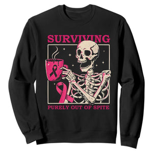 Funny Breast Cancer Skeleton Drinking Coffee Sweatshirt Surviving Purely Out Of Spite Pink Ribbon Warrior