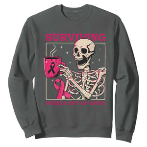 Funny Breast Cancer Skeleton Drinking Coffee Sweatshirt Surviving Purely Out Of Spite Pink Ribbon Warrior