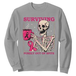 Funny Breast Cancer Skeleton Drinking Coffee Sweatshirt Surviving Purely Out Of Spite Pink Ribbon Warrior