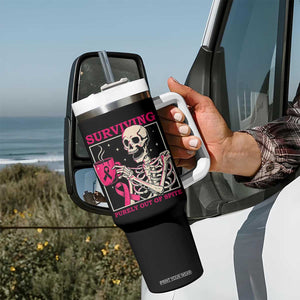 Funny Breast Cancer Skeleton Drinking Coffee Tumbler With Handle Surviving Purely Out Of Spite Pink Ribbon Warrior