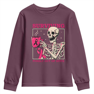 Funny Breast Cancer Skeleton Drinking Coffee Youth Sweatshirt Surviving Purely Out Of Spite Pink Ribbon Warrior