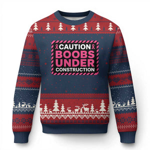 Funny Breast Cancer Surgery Mastectomy Ugly Christmas Sweater Caution Boobs Under Construction Pink Ribbon Warrior
