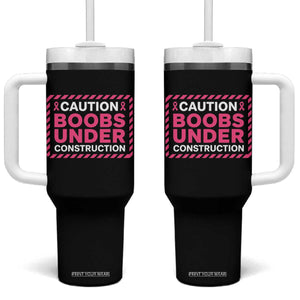 Funny Breast Cancer Surgery Mastectomy Tumbler With Handle Caution Boobs Under Construction Pink Ribbon Warrior