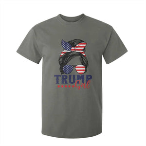 Trump Girl T Shirt For Kid Messy Bun Support Trump 2024 Election American Flag TS02 Military Green Print Your Wear