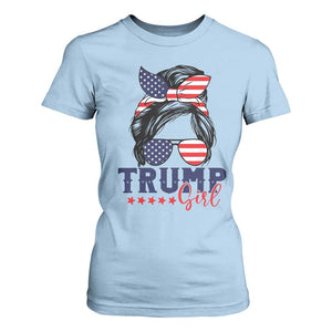 Trump Girl T Shirt For Women Messy Bun Support Trump 2024 Election American Flag TS02 Light Blue Print Your Wear