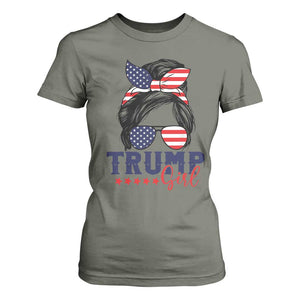Trump Girl T Shirt For Women Messy Bun Support Trump 2024 Election American Flag TS02 Military Green Print Your Wear