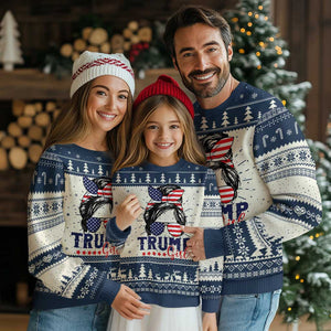 Trump Girl Ugly Christmas Sweater Messy Bun Support Trump 2024 Election American Flag TS02 Navy Print Your Wear