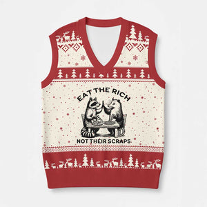 Funny Raccoon Possum Meme V-Neck Knit Sweater Vest Eat The Rich Not Their Scraps Sarcasm Retro Minimalist TS02 Beige Red Print Your Wear